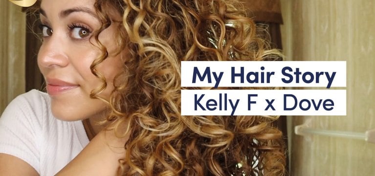 Video of Dove Partner, Kelly F sharing her curly hair journey, including her best curly hair tips and tricks and a tutorial on how to use a diffuser