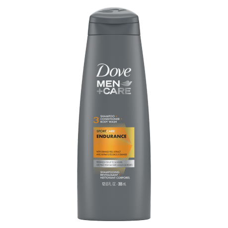 Étiquette de front du shampooing 3 en 1 Dove Men+Care SportCare Endurance 12 oz