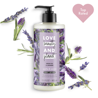 Front of body lotion pack Love Beauty Planet Argan Oil & Lavender Body Lotion Argan Oil & Lavender Soothe & Serene 13.5oz with Top Rated Icon