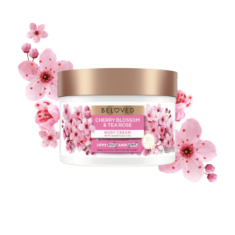 Front of body cream pack Love Beauty Planet Cherry Blossom & Tea Rose Body Cream
