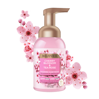 Front of foaming hand wash pack Love Beauty Planet Cherry Blossom & Tea Rose Foaming Hand Wash