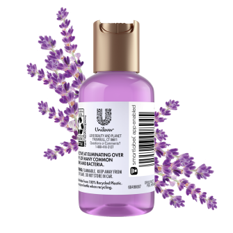 Back of hand sanitizer pack Love Beauty Planet Lavender & Hyssop Hand Sanitizer