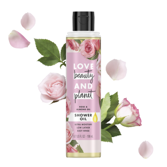 Front of shower oil pack Love Beauty and Planet Rose & Almond