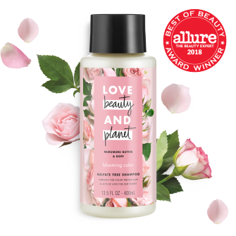 Front of shampoo pack Allure Best in Beauty 2018 Love Beauty Planet Murumuru Butter & Rose Oil Shampoo Blooming Color 13.5oz