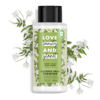 Front of shampoo pack Love Beauty Planet Sulfate Free Coconut Milk & White Jasmine Shampoo Divine Definition 13.5oz