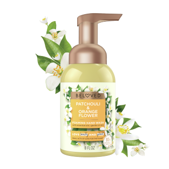 Front of foaming hand wash pack Love Beauty Planet Patchouli & Orange Flower Foaming Hand Wash