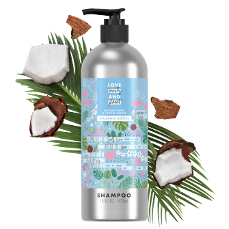 Front of shampoo pack Love Beauty Planet Sulfate Free Coconut Water & Mimosa Flower Shampoo Volume & Bounty 16oz