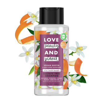 Front of shampoo pack Love Beauty Planet Sulfate Free Vegan Biotin & Sun-Kissed Mandarin Shampoo 13.5oz