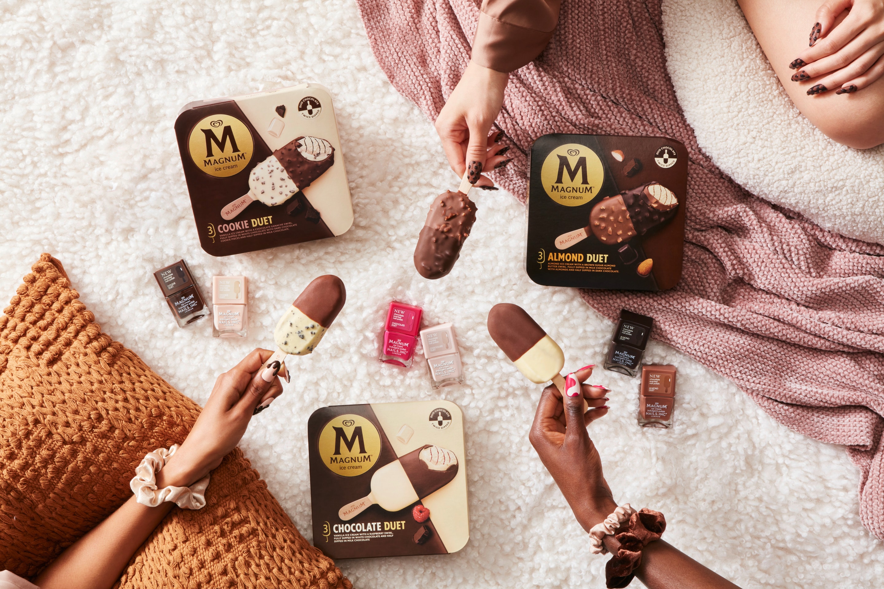 Magnum ice cream Duets Bars and Nails INC chocolate-scented nail polishes